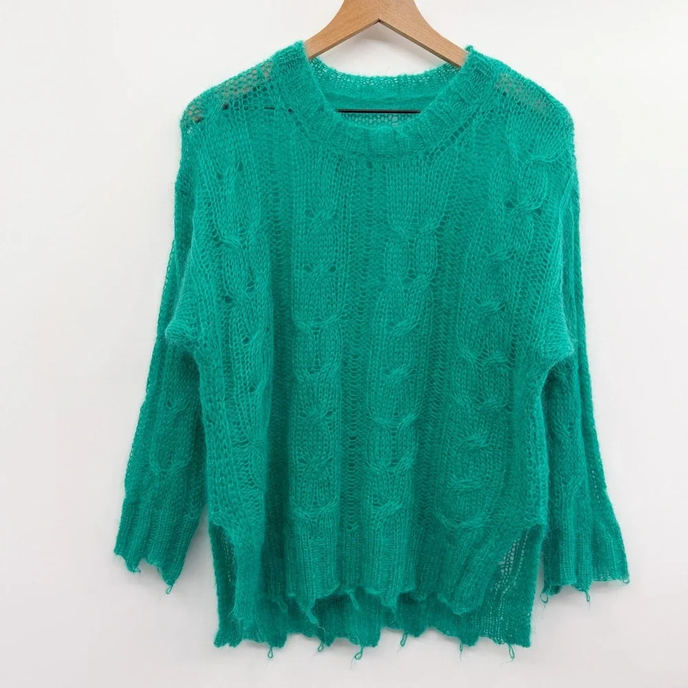 Anthropologie The Posey‎ Stitchy Distressed Mohair Sweater in Green Size Small - Picture 3 of 11